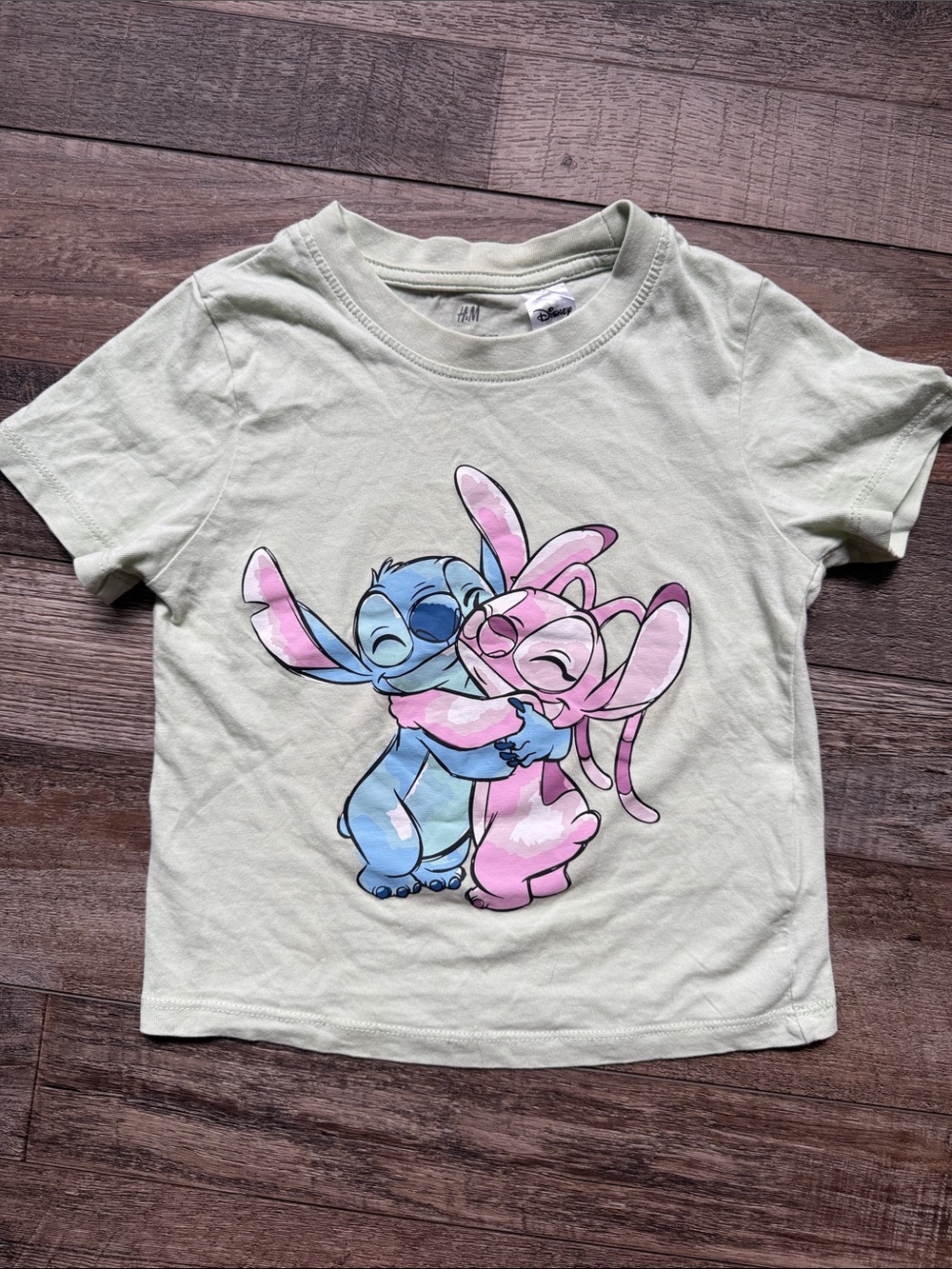 H&M Light Green Tee with Blue Stitch and Pink Angel Graphic